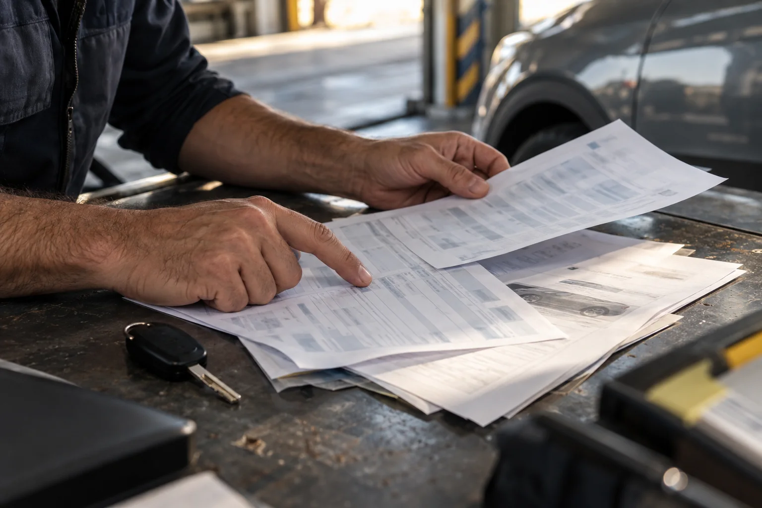 Documentos de importação automóvel a serem comparados e verificados junto a uma viatura